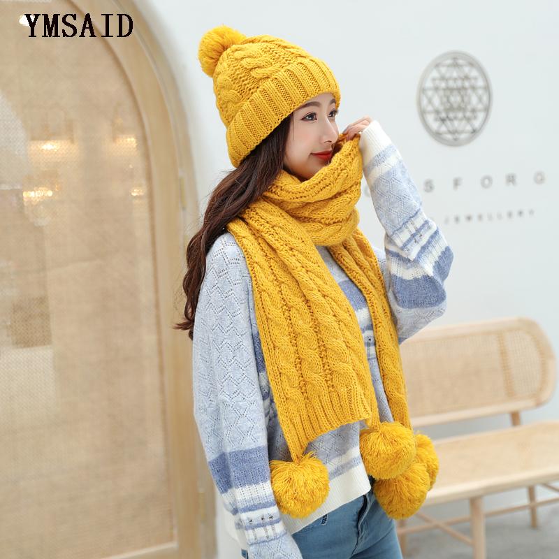 

Ymsaid Women's Winter Hat Scarf Set Wool Knitted Hat Female Fur Pompom Hats For Women Lady Bonnet Thick Warm Ski Cap Collar, Black