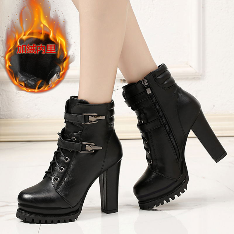 

New Women 2021 in High Heels Lace Up Buckles Short Women's Leather Boots QHWD, Red rivet boots.