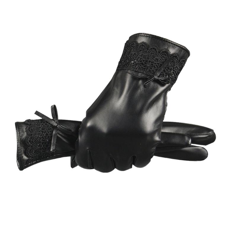 

Five Fingers Gloves Fashion Women Black Leather Autumn Winter Warm Lace Mittens And Mature #25 Wi