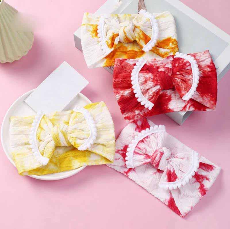 

Tie Dyed Headband Baby Girls Turbans Elastic Nylon Headwear Fur Ball Bow Newborn Hairband Wide Headwrap Hair Accessories 23 Desi, Random delivery