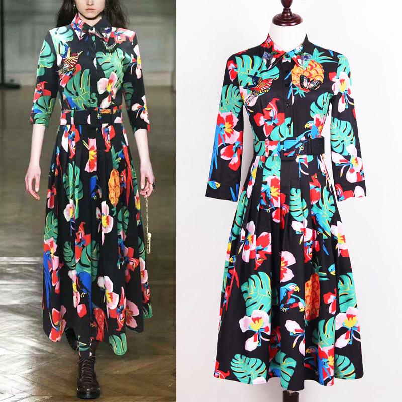 

Print Floral Dresses Spring and Summer Women' Heavy Industry Three-dimensional Pin Bead Bird Waist Collection Printed Dress, Cn323