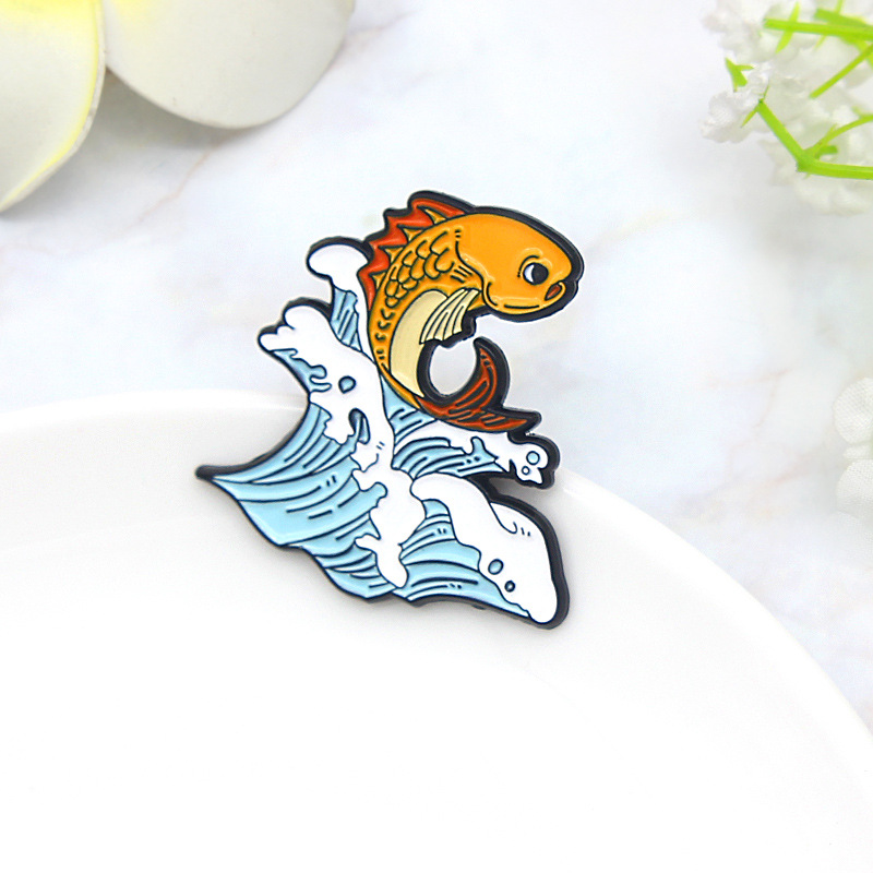

Blue Waves Red Lucky Fish Enamel Pin Carp Leaping Over the Dragon Gate Brooch Clothes Jewelry Gift For Women, As picture