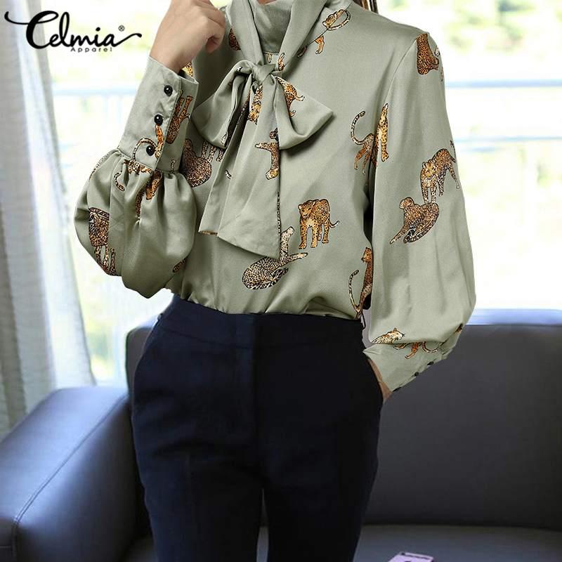 

Womens Long Lantern Sleeve Blouses Celmia Elegant Bow Tie Shirts Tiger Print Party Tops 2020 Autumn High Collar Top Plus Size 7, Black