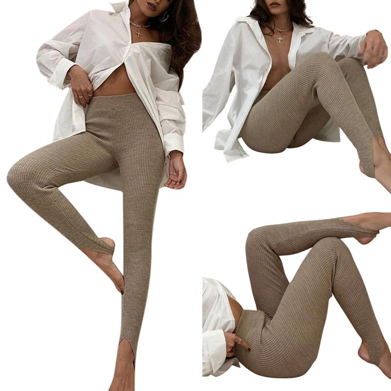 

Autumn Winter Khaki Yoga Tights Women' Sexy Slim Shaper Trousers Bottoming Trousers Stretch Ribbed Long Pants Fitness Underwear, As pic