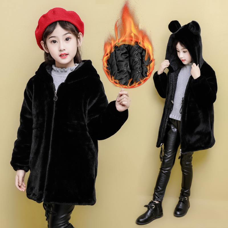 

4-13T Unisex Faux Fur Coat Girl Boy Winter Warm Plus Cotton Coat Fashion Hooded Solid Thick Long Fluff Casual Jackets Black