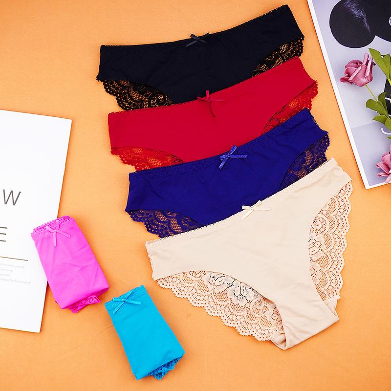 

6pcs/pack Lace Lace Panties Women Underpants Lady Seamless Briefs Back Hollow Out Transparent Bow Ice Silk -XL Shorts, Multi