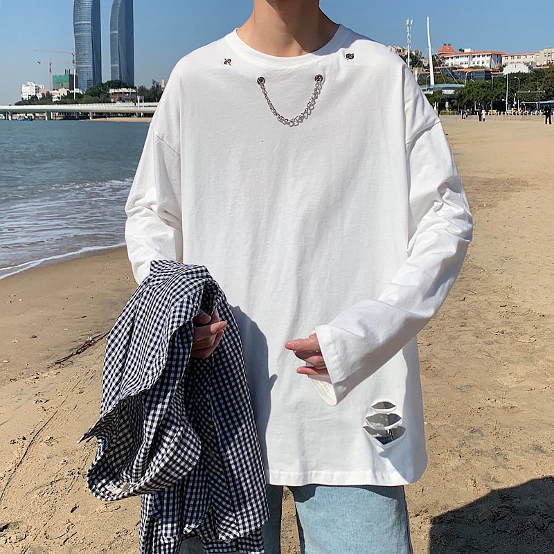 

Summer 2021 Male and Fall New Bottoming Hole Long Sleeve Shirt Fashion Young Men's Clothes 67SD, White