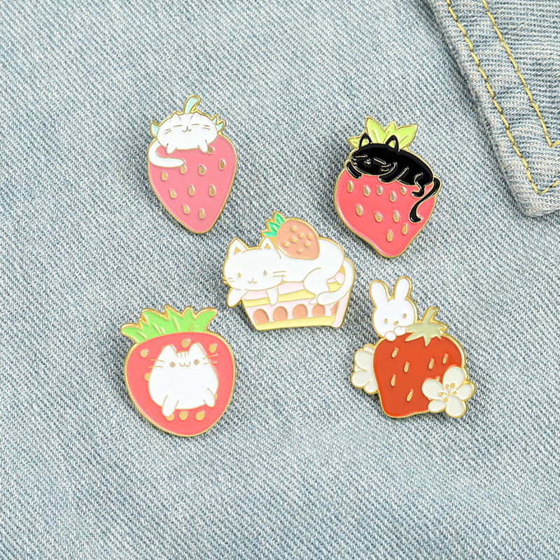 

Sweet Cartoon Cute Fruit Enamel Pins Colors Fashion Strawberry Cat Rabbit Brooches For Women Jewelry Lapel Pins Clothes Bags
