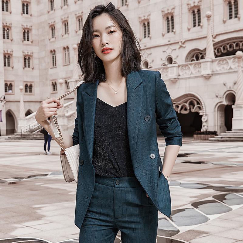 

New autumn winter 2020 new women' wear metal double button professional warm suit, And green trousers