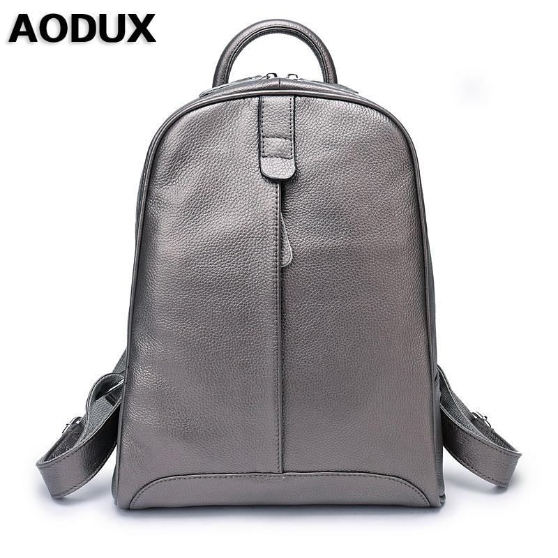 

AODUX 100% Genuine Leather Women's Backpack Top Layer Cow Leather School Backpacks Bag Silver Gray/Gray/Pink/White/Beige Color, A black