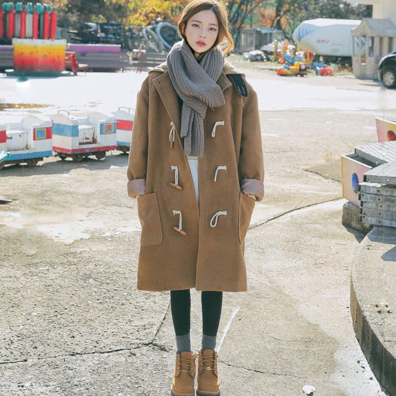 

2020 Cotton Full Long Solid Lace Real Abrigo Mujer Sobretudo Autumn And Winter New Joker Overcoat Hat Horn Buckle Loose Coat, Navy blue
