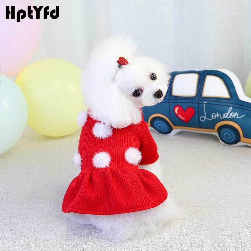 

HptYfd 4 Colors Dog Dress Autumn Winter Warm Cotton Pet Clothes Puppy Lovly Plush Balls Princess Dress Fashion Dog Skirts1, Red