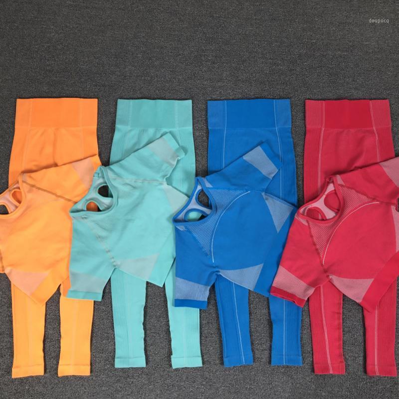 

SVOKOR Seamless Fitness Leggings Short Sleeve Yoga Set Stripe Sport Clothes For Women Breathable Workout Sportwear Suits1, Yoga short sleeve 1