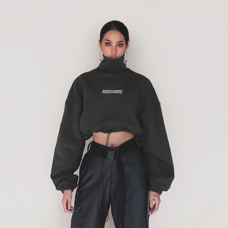 

Women Fashion High Collar Letter Print Hoodies Crop Tops Long Sleeve Drawstring Sweatshirts Autumn Spring Casual Sport Pullover, Black