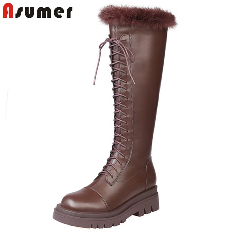 

ASUMER 2021 New Fashion Winter Riding Boots Women Thick Bottom Casual Shoes Round Toe Cross Tied Cool Knee High Boots Women, Brown