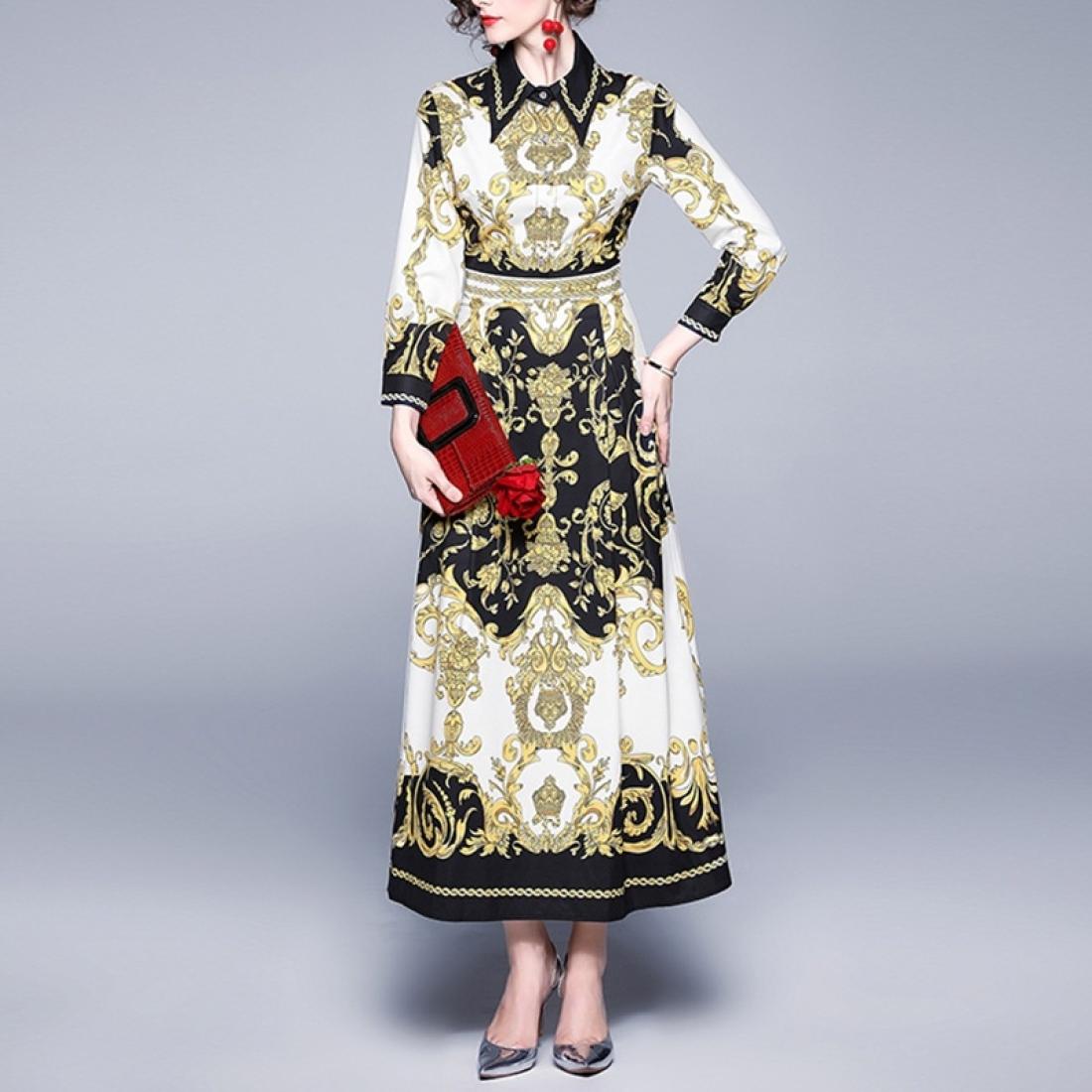 

Lapel Waist Retro Print Dress
