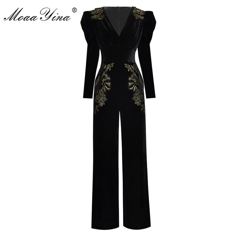 

MoaaYina Spring Summer Designer Jumpsuits Women' V-neck Long sleeve Gold Line Embroidery Velvet Jumpsuits, Black