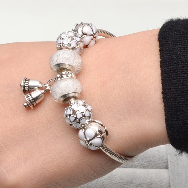 

European Fashion Silver Plated Charm Bracelets For Women Lover With Snake Chain Beads Bracelets For Women Jeweley Pulseira Gift