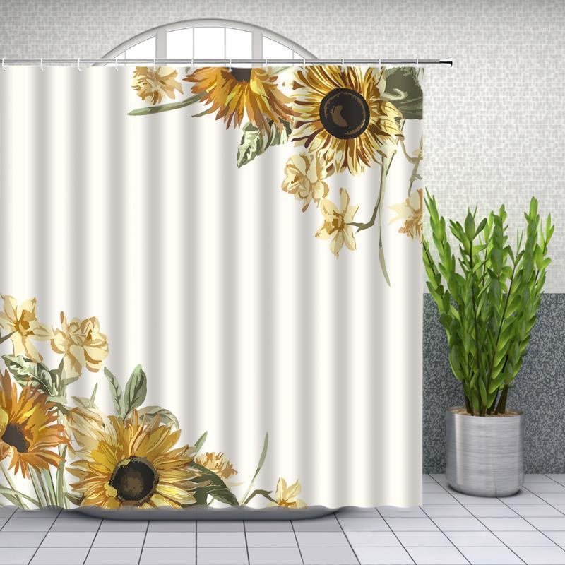 

Flowers Shower Curtains Hand Painted Yellow Sunflower Flower Green Leaf White background Bathroom Decor Waterproof Cloth Curtain1