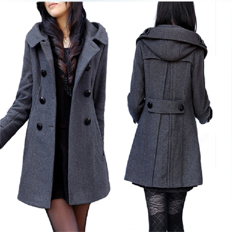 

2021 New Double Breasted Wool with Women's Hood Thick Winter Hot Woolen Jacket Plus Size Outerwear Female A142 TMRI, Black.