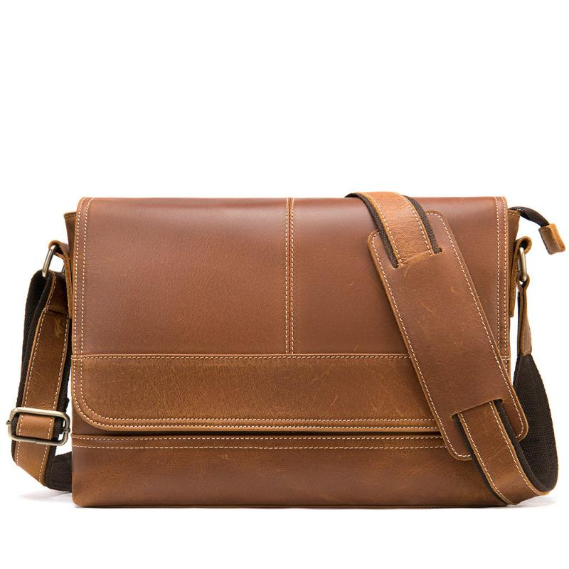 

100% Genuine Leather Briefcase Men Vintage Real Crazy Horse Leather Messenger Shoulder Business Laptop Bag Case Office Handbag, Brown