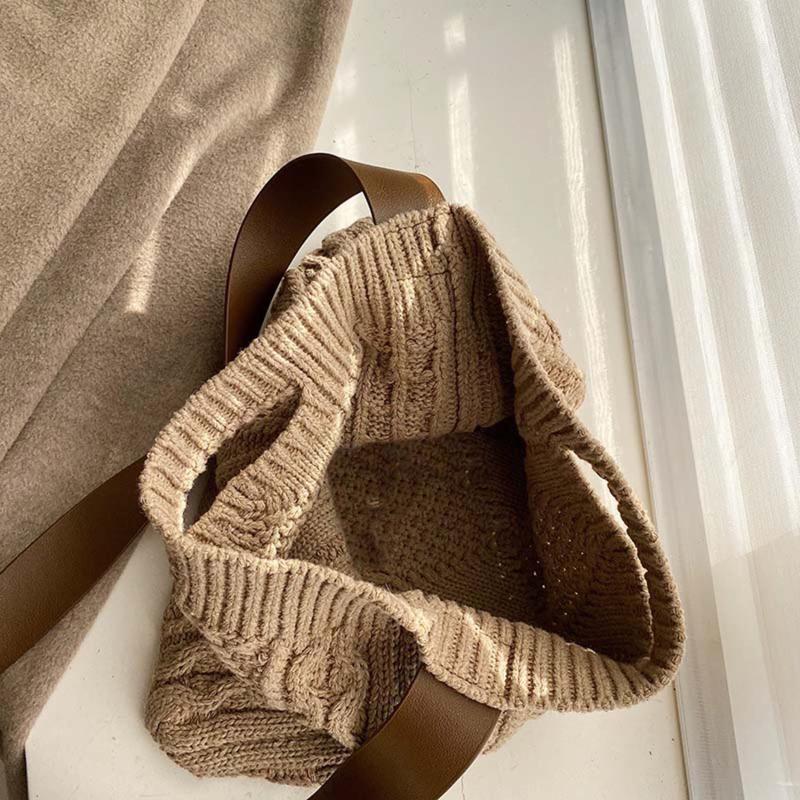 

Female Woolen Knitted Braid Criss Cross Handbag Teenager Crochet Winter Korean Fashion Retro Chic Big Capacity Over Shoulder Bag, Khaki