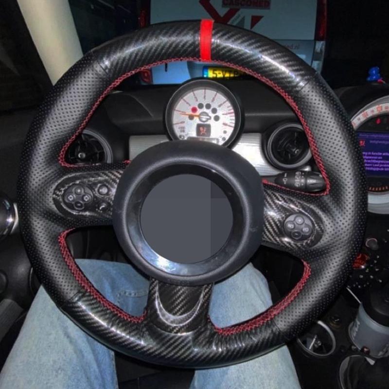 

Steering Wheel Covers DIY Car Cover Hand-Stitched Non-slip Black Genuine Leather Carbon Fiber For Mini Cooper S One 2011