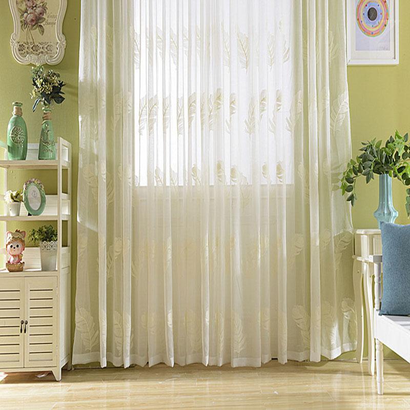 

Fine Modern style embroidery window curtain tulle feather pattern sheer curtain panel for living room voile1, White