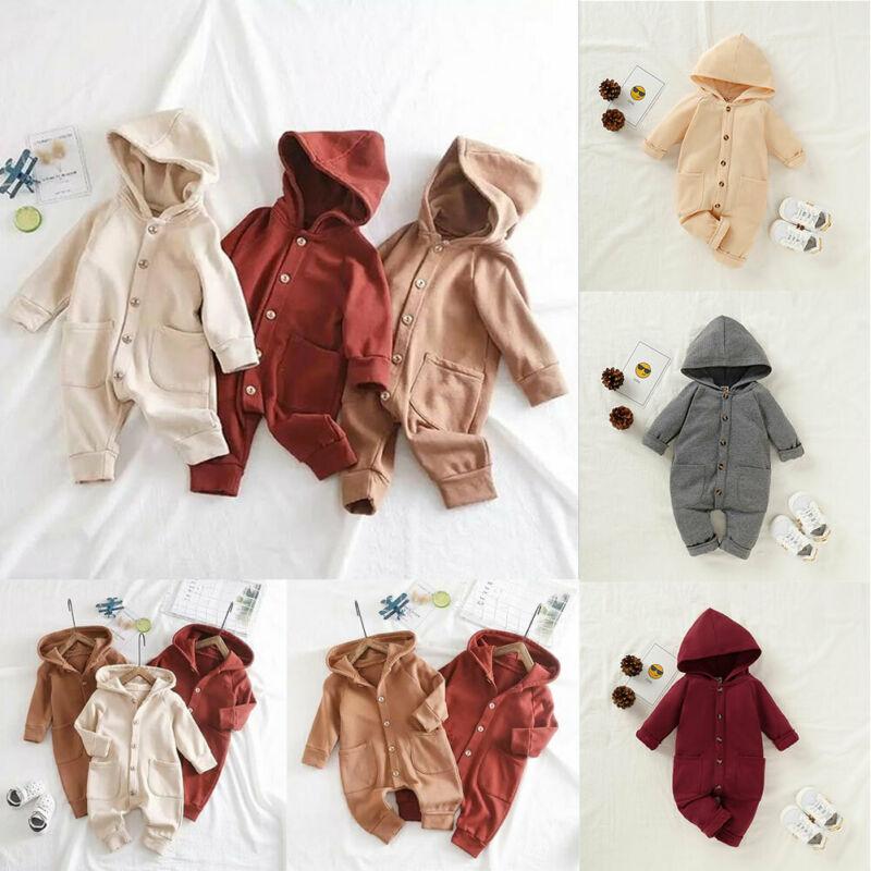 

NEW Infant Baby Boy Girl Kid Pocket Hooded Romper Autumn 100% Cotton Clothes Set, White