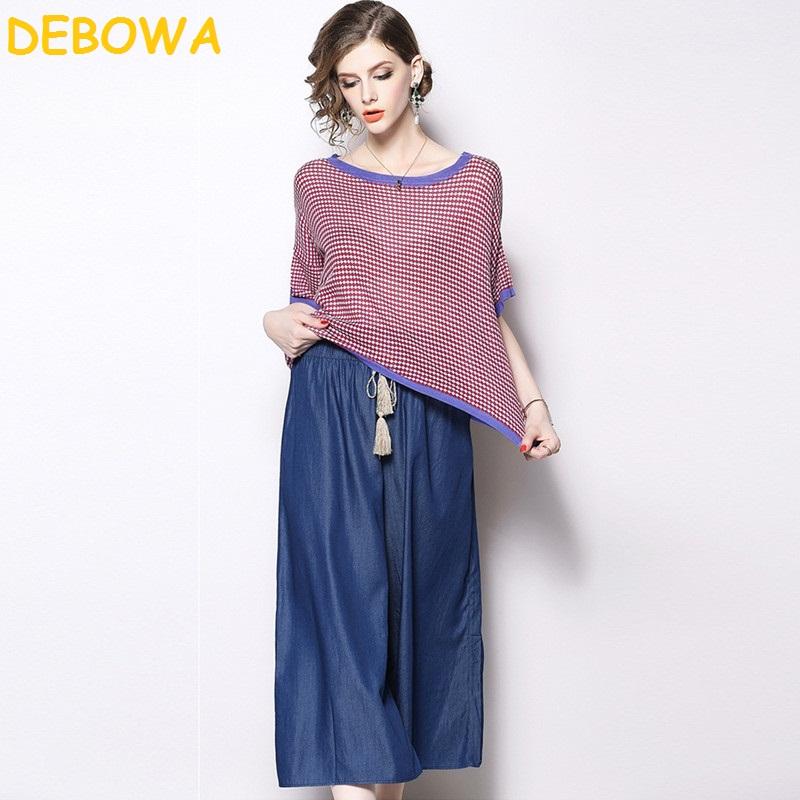 

Debowa New Women' Set Contrast Color Knitted Sweater Denim Cotton Wide Leg Trousers 2 Pcs Set Drawstring Waist Office Lady Suit, Red