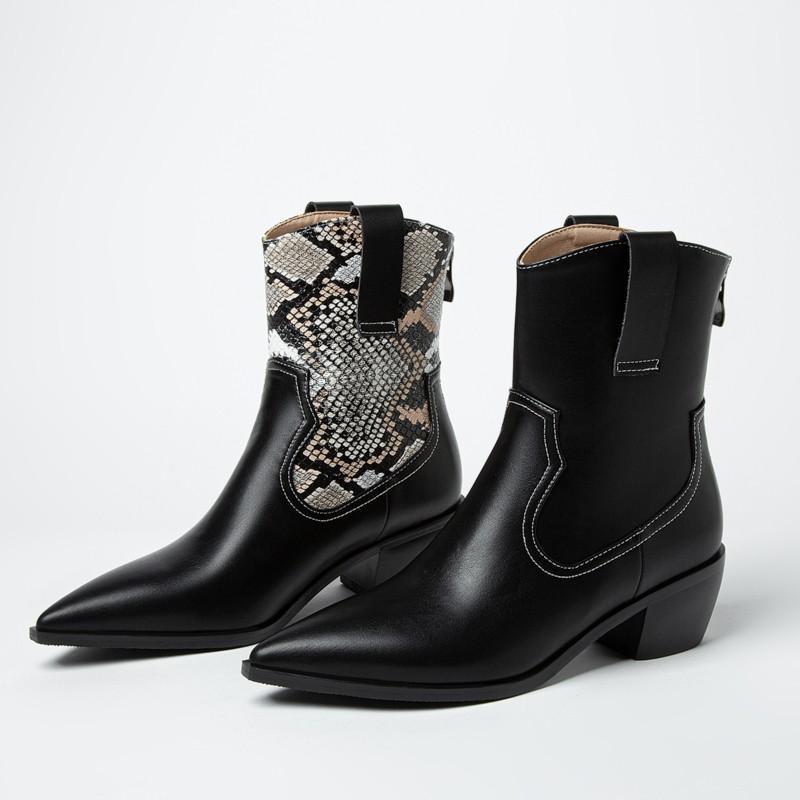 

Black ankle boots for women cowboy western boots 2020 autumn winter new pointed toe high heels snake pattern shoes large size 331