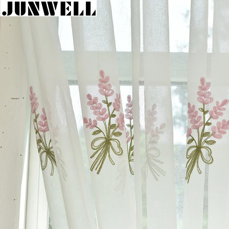 

Junwell Cotton Linen Fabric Panel Curtains For Living Room Floral Embroidery Curtain For Bedroom Drapes Punching Top Process, As pic