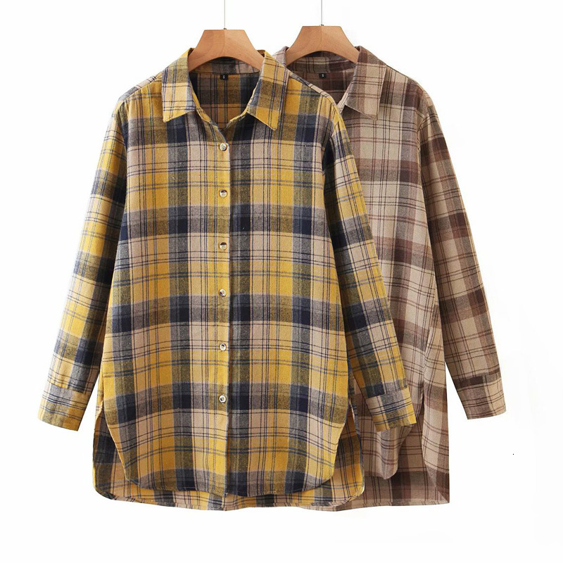 

2021 Spring Autumn Casual Turn Down Collar Blouses New Arrival Fashion Plaid Shirts Women Elegant Tops Female V7yx