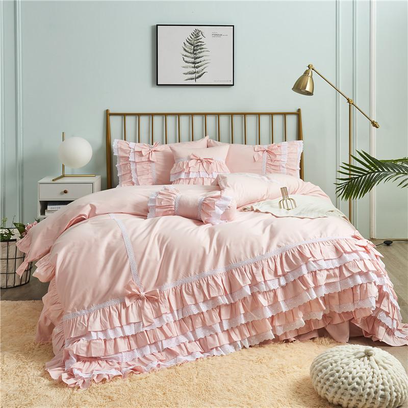 

Pure cotton Korean princess ruffles lace cake layers solid color jade pink embroidery skirt-style bedding set free shipping YYX, As pic