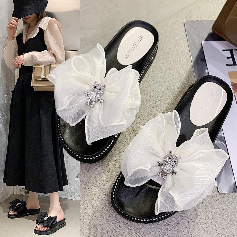 

2021 New Fashion Summer Shoes for Women Big Bow Flower Beach Shoes Ladies Flat with Rhinestone Open Toe Slippers Tenis Feminino, White