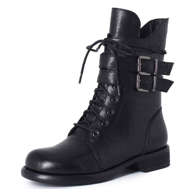 

Winter Red Wine Motorcycle Boots Women Natural Genuine Leather Zip Thick Heel Ankle Boots Sheepskin Buckle Round Toe Shoes, Black velvet lining