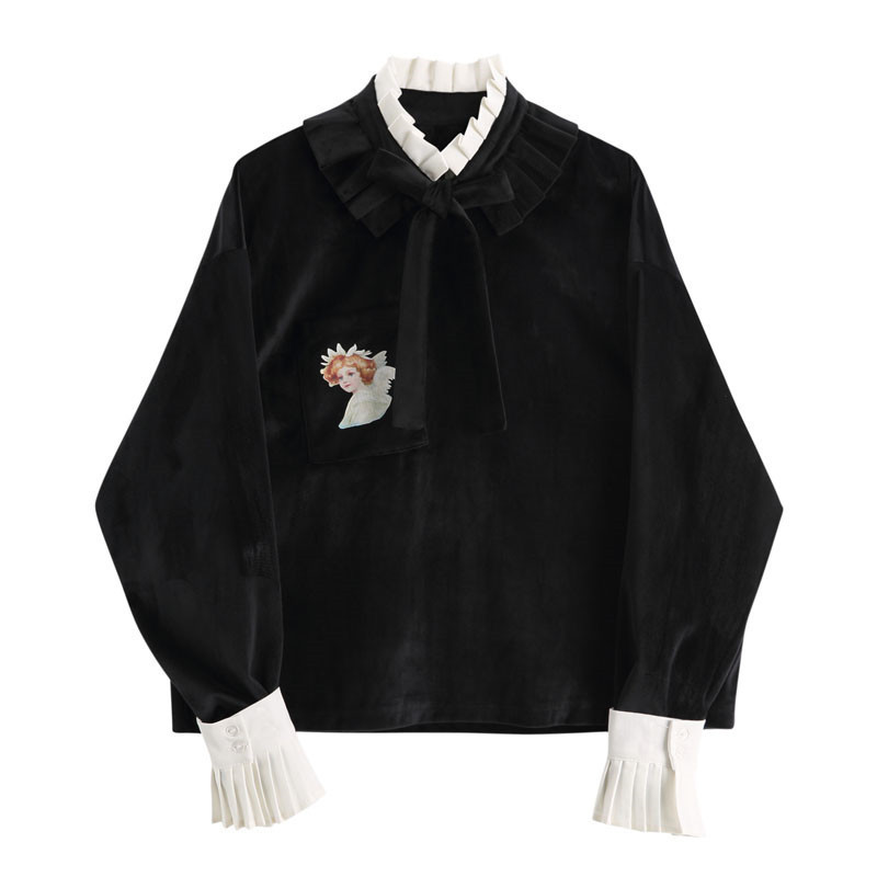 

2021 New Back Flare Sleeves Female Autumn Top Printing Angle Designed Detachable Collar Plied with Fists All-match Shirts 0HTV, Black