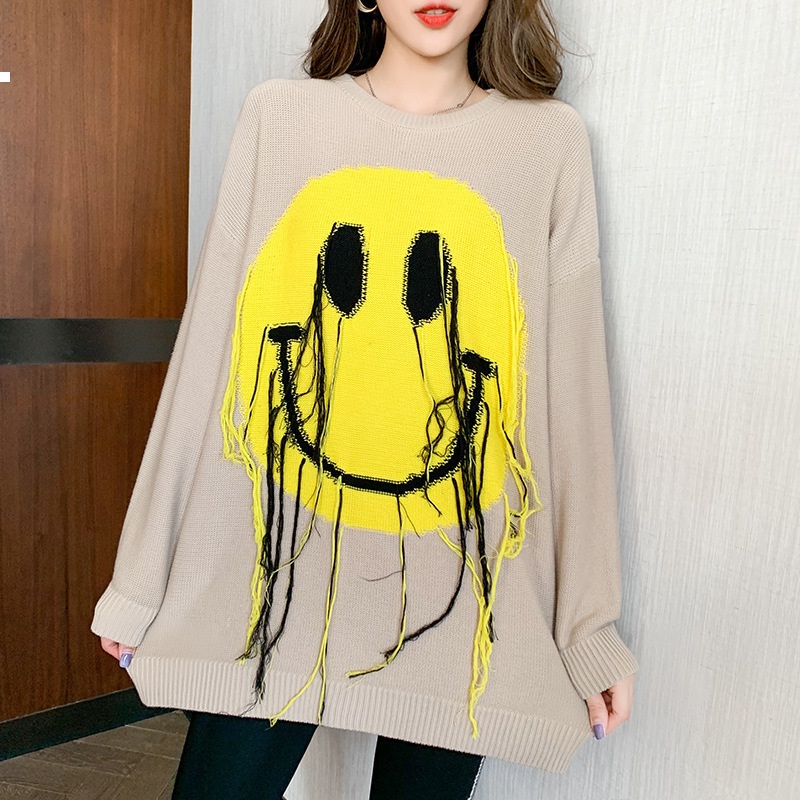 

New Smiley 2021 Face Female Nightgown Autumn/winter New Oversized Around Neck Knitted Upper Designer Clothes 990l FEK8, Apricot