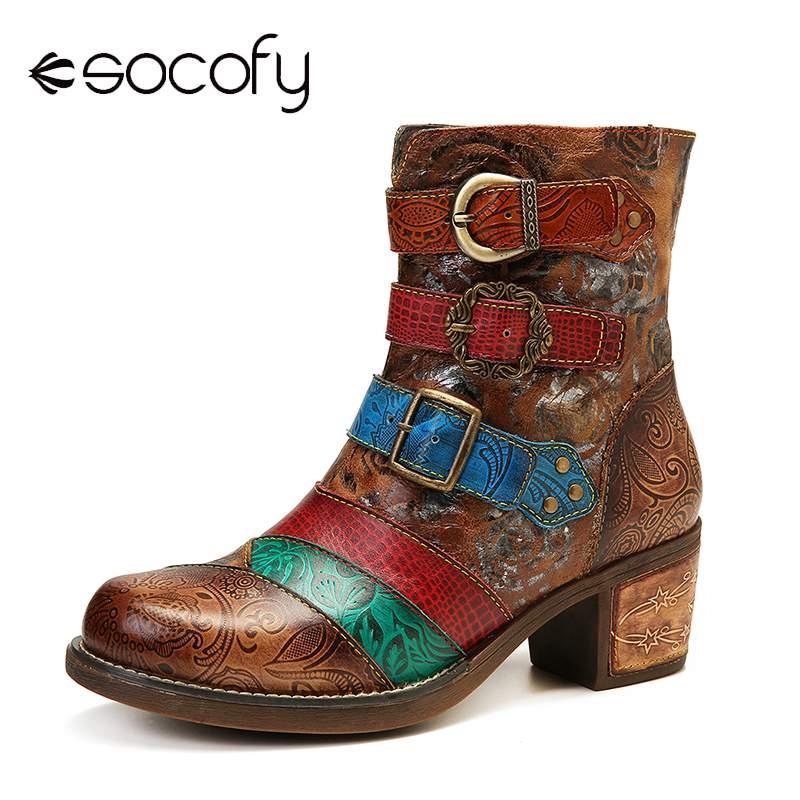 

SOCOFY Printing Roses Metal Buckle Genuine Leather Splicing Low Heel Cozy Short Boots Elegant Shoes Women Shoes Botas Mujer, Orange