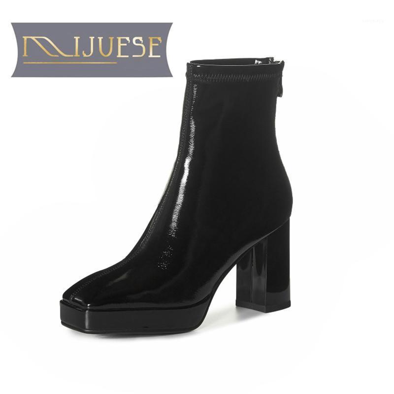 

MLJUESE 2021 women soft ankle boots Patent leather zippers boots winter short plush square toe high heels women1, Black