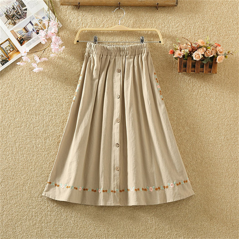 

2021 New Summer Women High Waist Pleated Solid Midi Long Elastic Skirt Lady A-line Cotton and Linen Embroidery Skirts Y336 L2dp, White