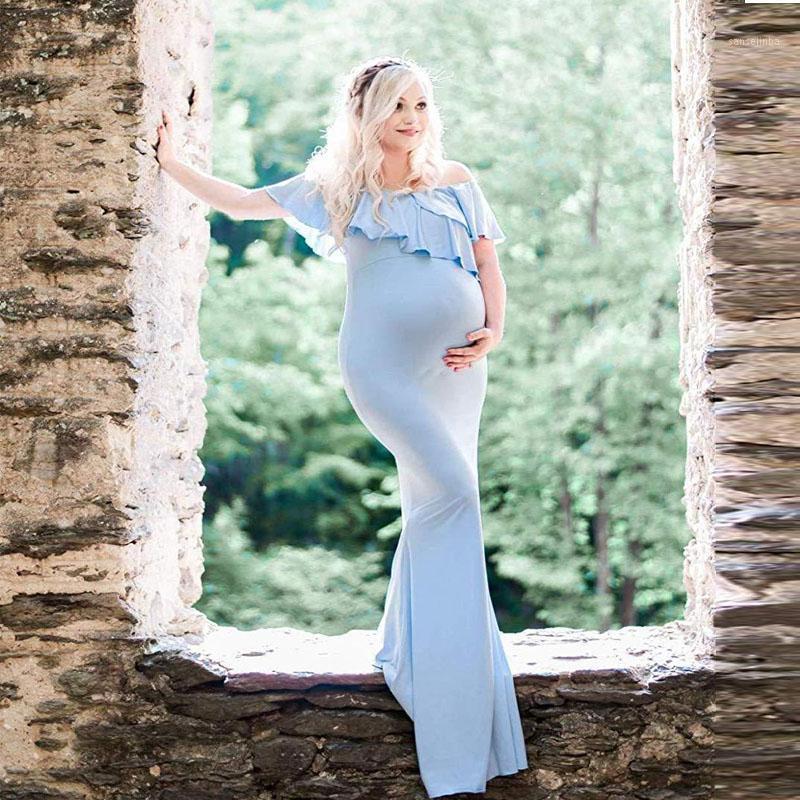 

New style Short Sleeve Maternity dress Ruffle edge V-neck Mercerized cotton Photography Pregnant Clothes dress women Long1, Pink