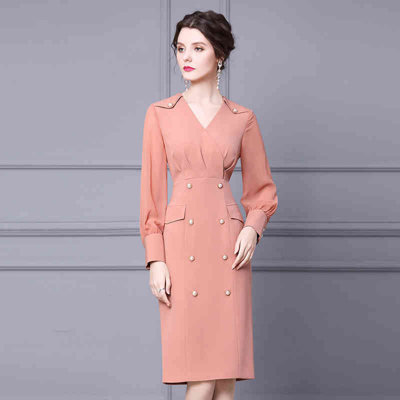 

Casual Dresses Zhili autumn dress with slim waist and feminine temperament V-neck epaulet over knee hip skirt DRYK, Orange pink