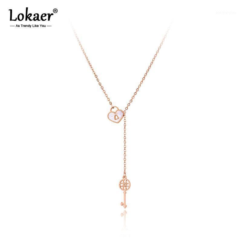 

Chains Lokaer Titanium Stainless Steel White Shell Key & Lock Charm Pendant Necklace Bohemia Heart Link Chain For Women N21044, Silver