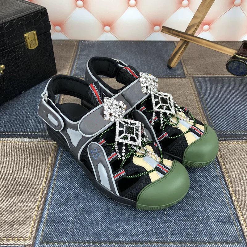 

Hot Sale- Classic Luxury Style Ladies Sandals Flat-soled Slippers Fashion Shoes Water drill decorative mesh leather splicing material, Green