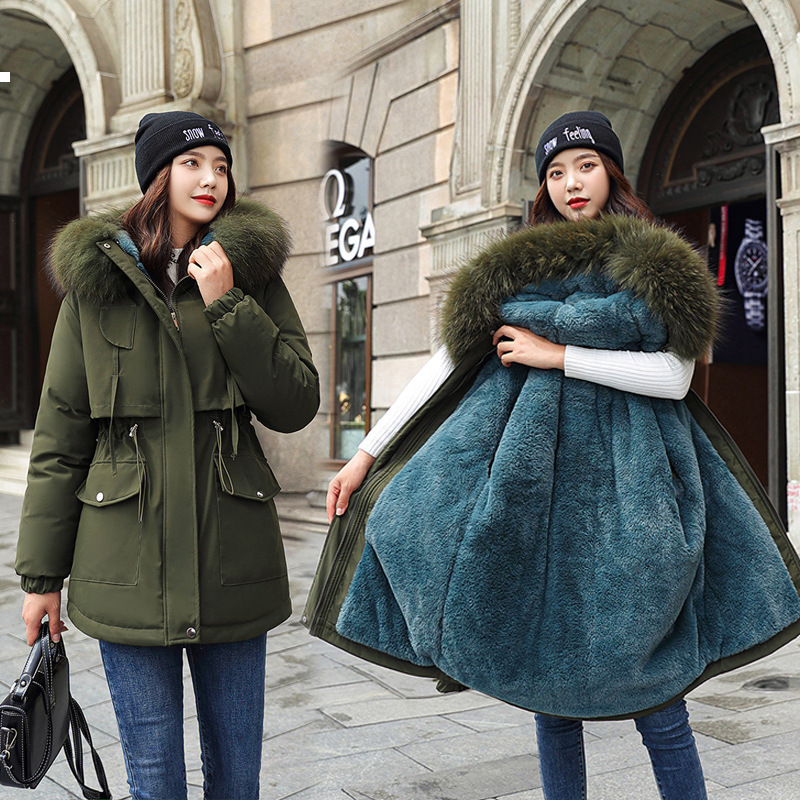 

Winter 2021 New Warm Long Jacket Hair Hoodie Kpop Style Streetwear Vintage Ql7m 4325, Army green.