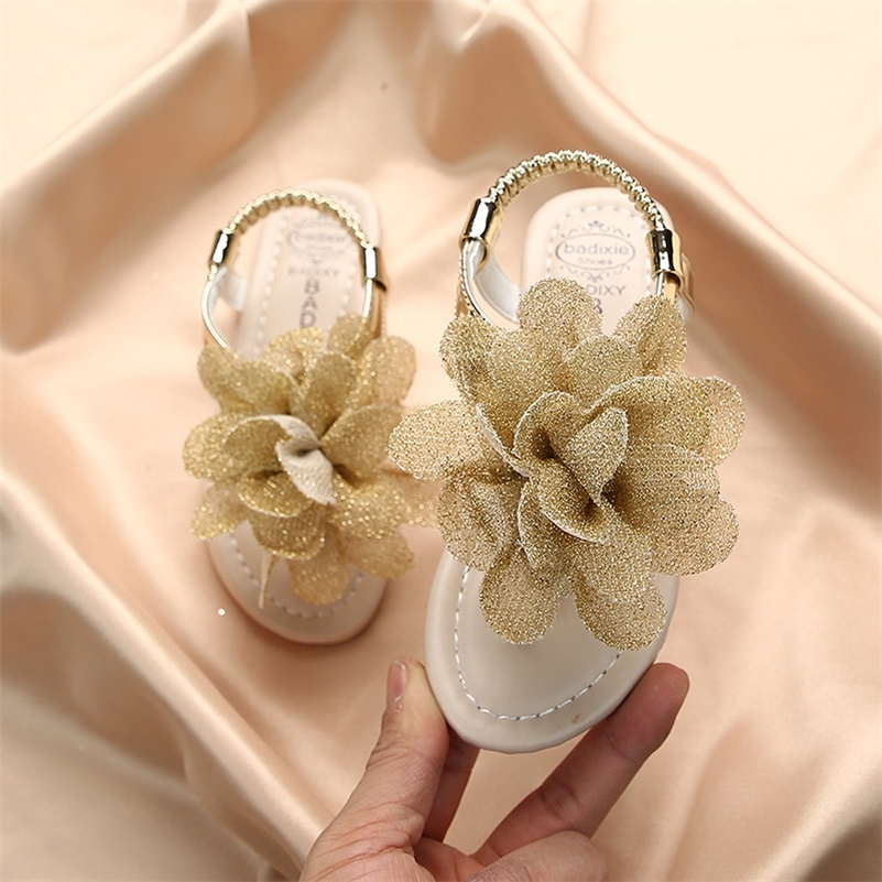 

Girls Sandals Summer New Bohemia Flowers Baby Fashion Soft Students Shoes Kid's Cool Slippers Pink Thong Flats single 201113, Gold