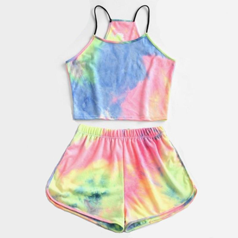 

Summer Two Piece Yoga Set Women Sleeveless Strappy Short Tie-dye Print Cami Belt Top And Pants Suit Summer Clothes For Women1
