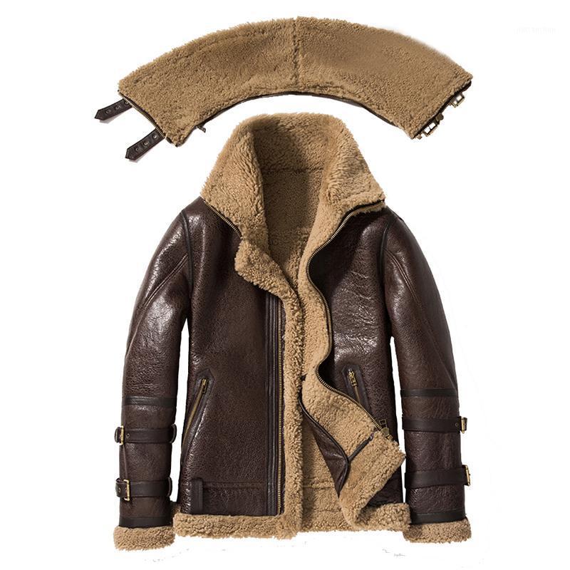 

Men's Leather & Faux Double Collars 2021 SANI Thick Genuine Sheepskin Fur Jacket Natural Shearling Coat Winter Men Warm Clothing1, Dark brown