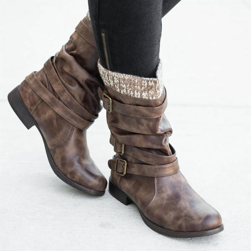 

Fashion Winter Shoes Women Boots Nice Buckle Wool Decoration Solid Mid-calf Leather Thick High Heel Boot Warm Shoes Women1, Black